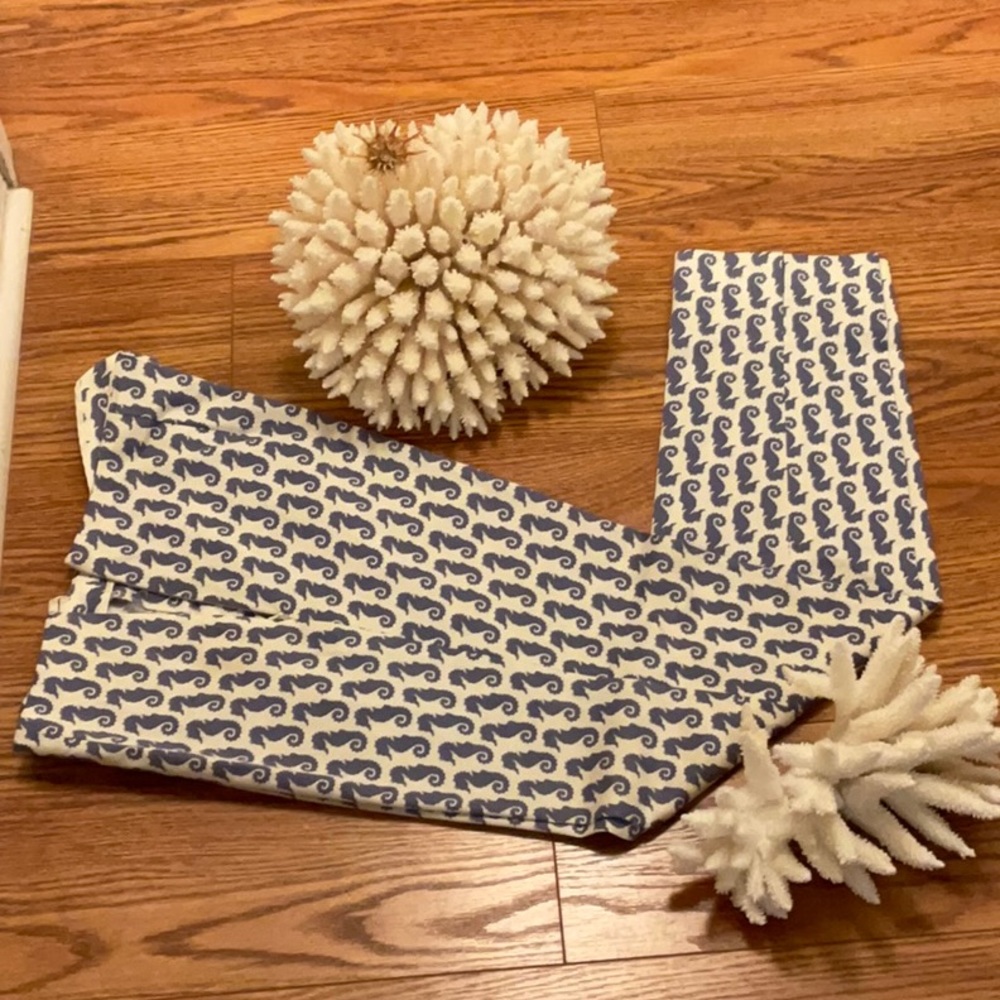 Casual summer seahorse pants. White with blue seahorses.